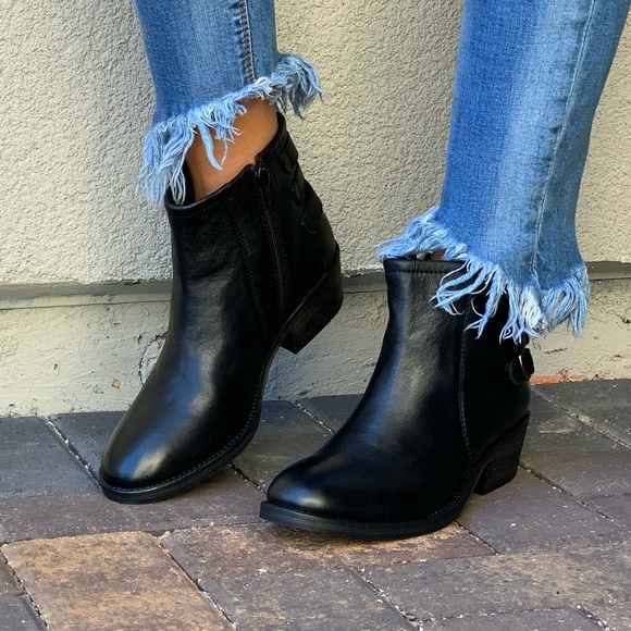 Black Leather Distressed Triple Buckle Ankle Boots - Picture 4 of 8